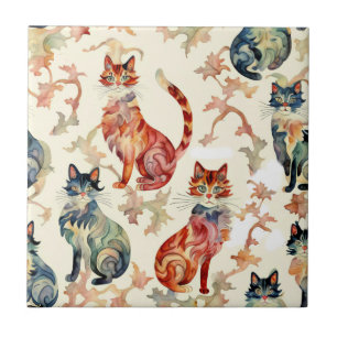 Cats in a Chinese Watercolor Pattern  Ceramic Tile