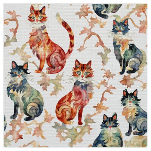 Cats in a Chinese Watercolor Pattern  Fabric