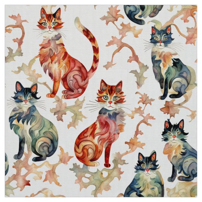Cats in a Chinese Watercolor Pattern  Fabric (Swatch)