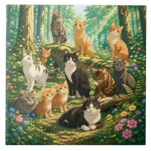 Cats in a Sunlit Woodland Garden Ceramic Tile