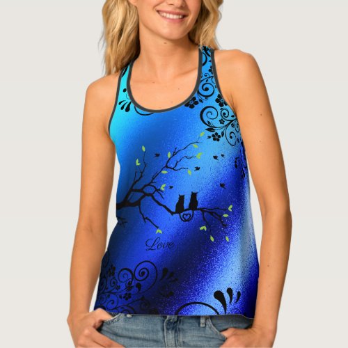 Cats in a Tree Love Heart black blue word text Tank Top