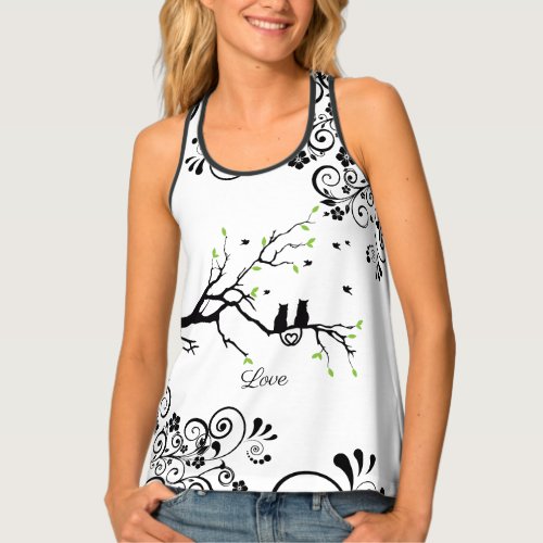 Cats in a Tree Love Heart black white word text  Tank Top