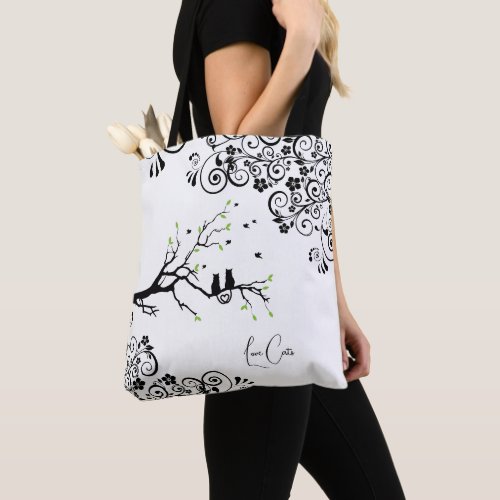 Cats in a Tree Love Heart black white word text Tote Bag