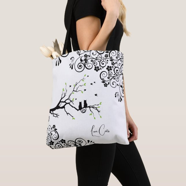 Cats in a Tree Love Heart black white word text Tote Bag (Close Up)