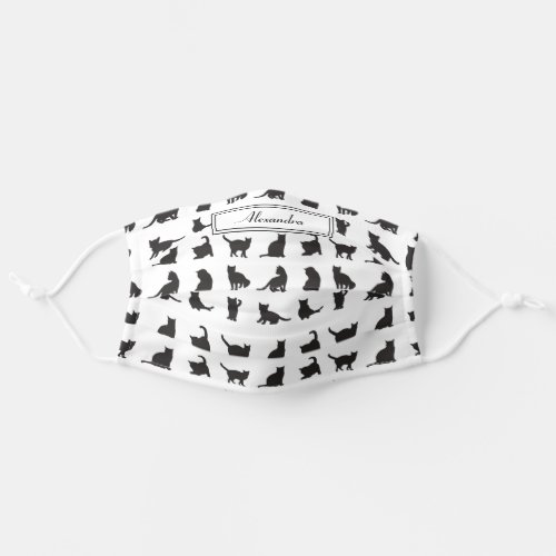 Cats in Black Silhouette Pattern with First Name Adult Cloth Face Mask