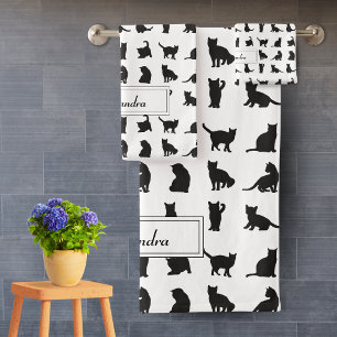 Cats in Black Silhouette Pattern with First Name Bath Towel Set