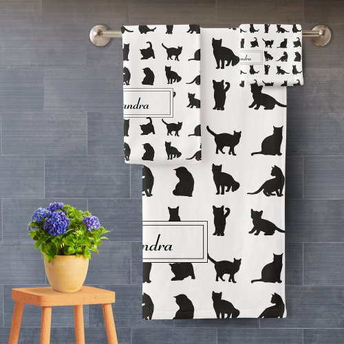 Cats in Black Silhouette Pattern with First Name Bath Towel Set