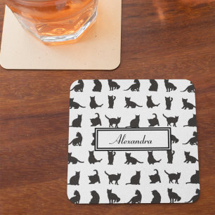 Cats in Black Silhouette Pattern with First Name Beverage Coaster