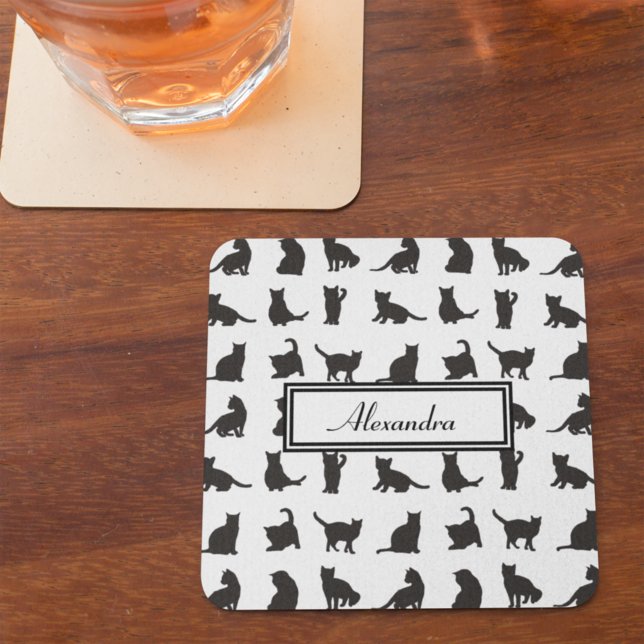  Cats in Black Silhouette Pattern with First Name Beverage Coaster (Creator Uploaded)
