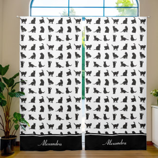 Cats in Black Silhouette Pattern with First Name Blackout Curtains