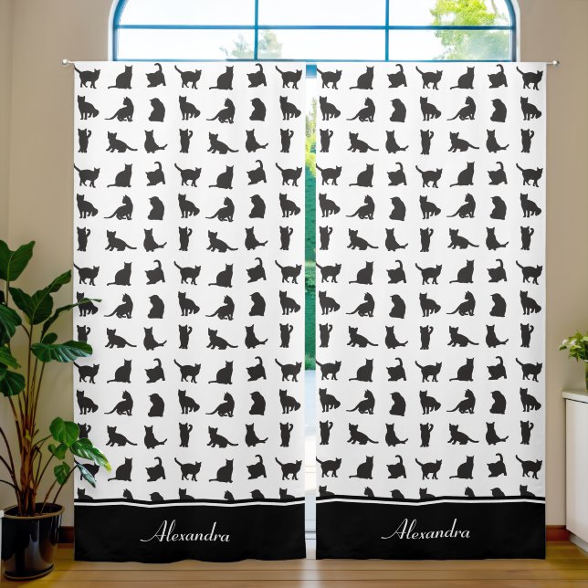 Cats in Black Silhouette Pattern with First Name Blackout Curtains (Living Room)
