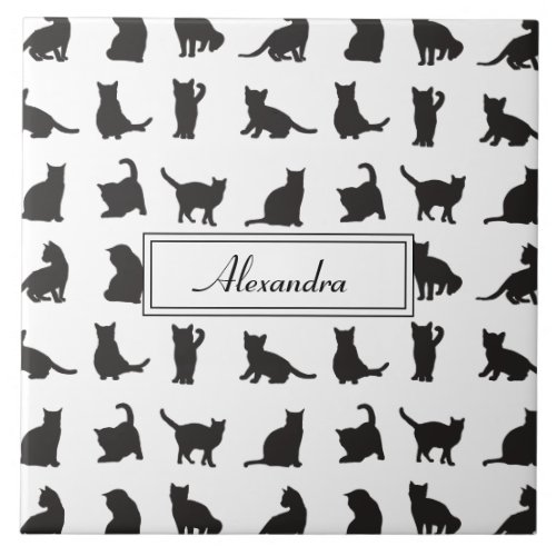 Cats in Black Silhouette Pattern with First Name Ceramic Tile