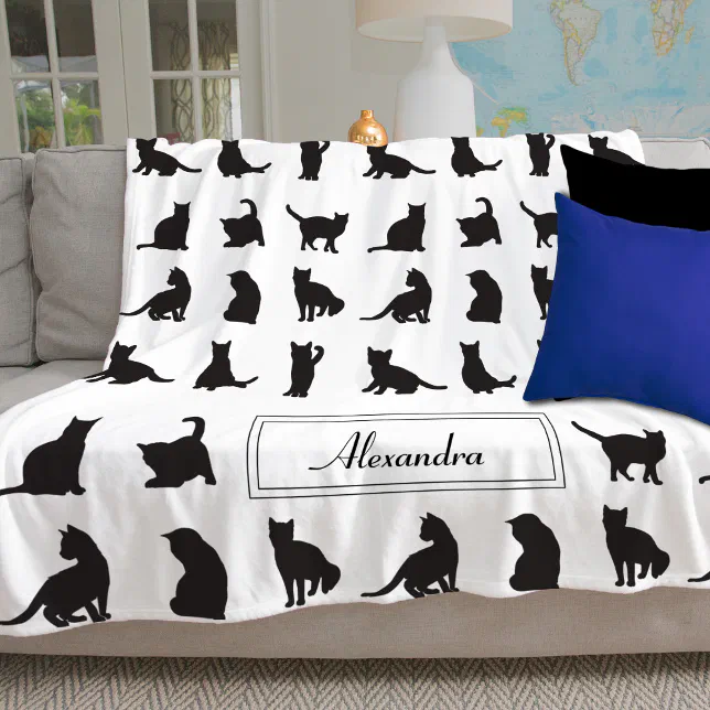 Cats in Black Silhouette Pattern with First Name Fleece Blanket
