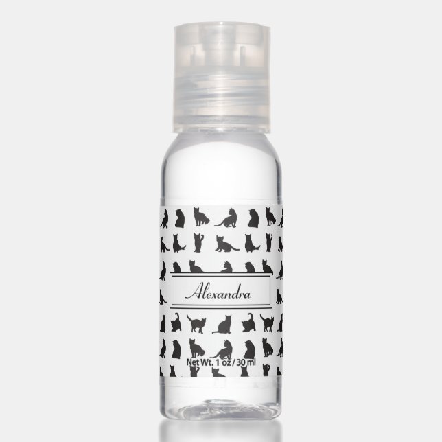 Cats in Black Silhouette Pattern with First Name Hand Sanitizer (Front)