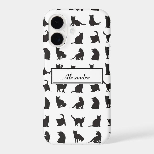 Cats in Black Silhouette Pattern with First Name Iphone Case (Back)