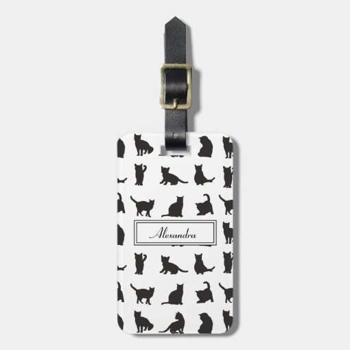 Cats in Black Silhouette Pattern with First Name Luggage Tag | Zazzle