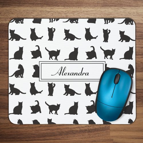 Cats in Black Silhouette Pattern with First Name Mouse Pad