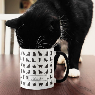 Cats in Black Silhouette Pattern with First Name Mug