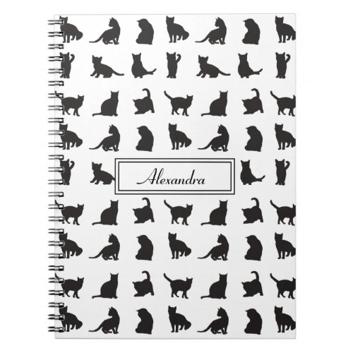 Cats in Black Silhouette Pattern with First Name Notebook