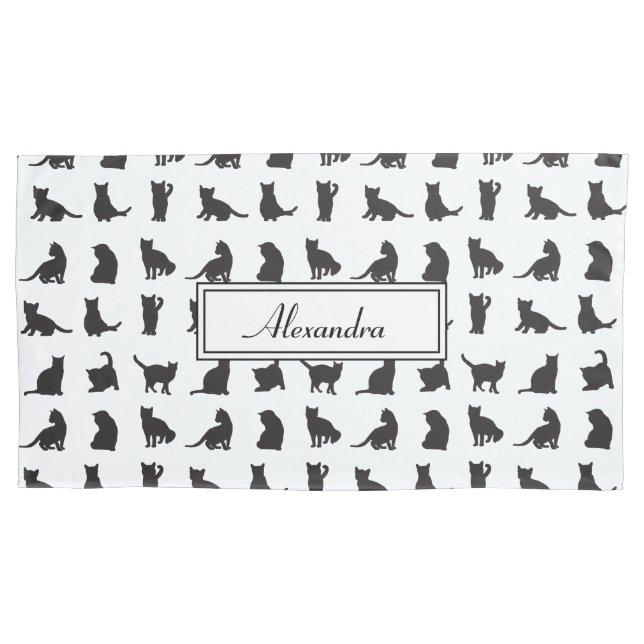Cats in Black Silhouette Pattern with First Name Pillow Case (Front)