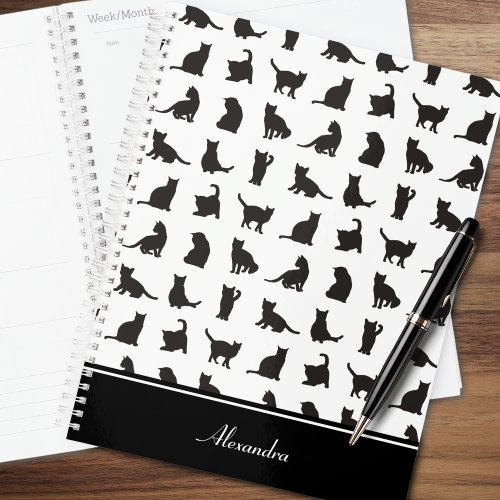 Cats in Black Silhouette Pattern with First Name Planner