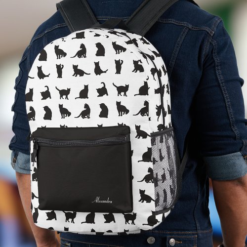 Cats in Black Silhouette Pattern with First Name Printed Backpack