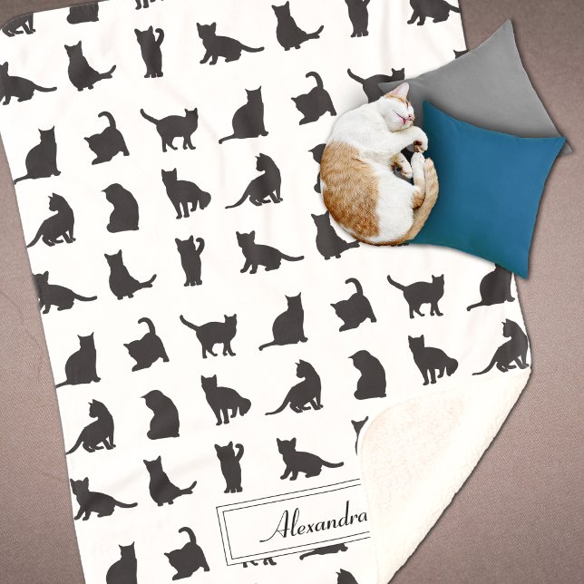 Cats in Black Silhouette Pattern with First Name Sherpa Blanket (Creator Uploaded)