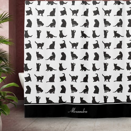 Cats in Black Silhouette Pattern with First Name Shower Curtain