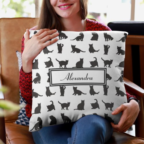 Cats in Black Silhouette Pattern with First Name Throw Pillow
