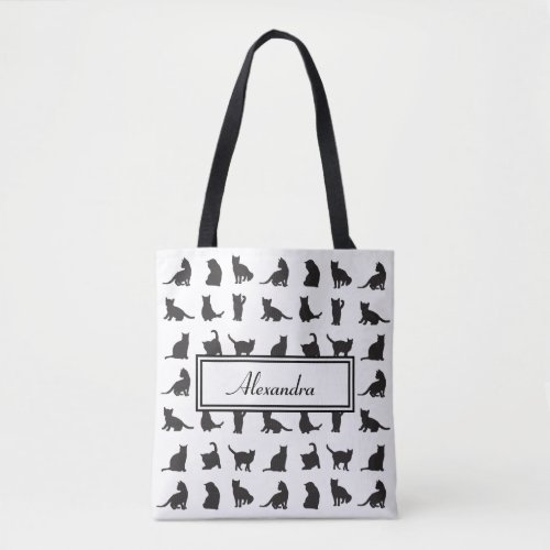 Cats in Black Silhouette Pattern with First Name Tote Bag
