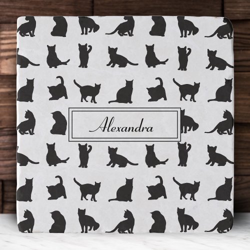 Cats in Black Silhouette Pattern with First Name Trivet