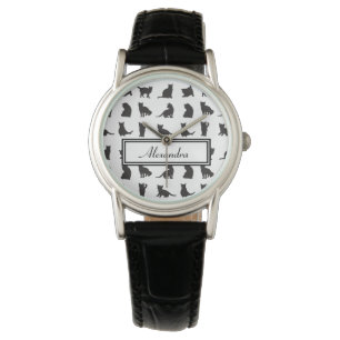 Cats in Black Silhouette Pattern with First Name Watch