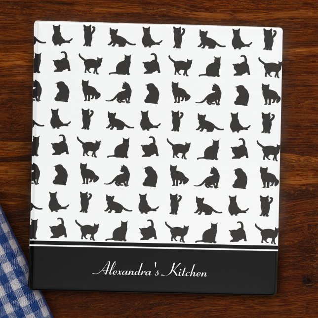 Cats in Black Silhouette Pattern with Name Recipe 3 Ring Binder (Creator Uploaded)