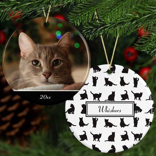 Cats in Black Silhouette w Name  Photo Christmas Ceramic Ornament