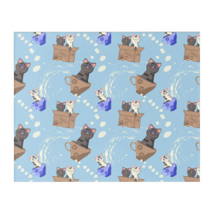 Cats in box and milk drops on blue acrylic print