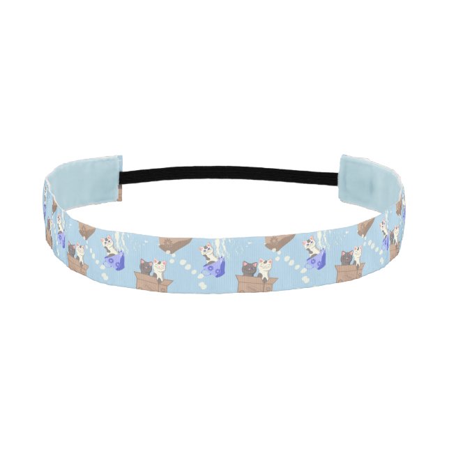 Cats in box and milk drops on blue athletic headband (Front)