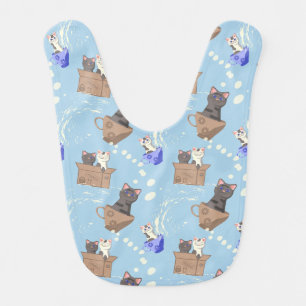 Cats in box and milk drops on blue baby bib