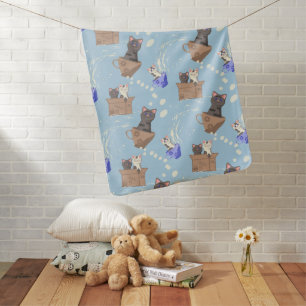 Cats in box and milk drops on blue baby blanket