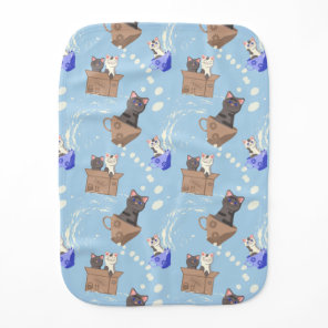 Cats in box and milk drops on blue baby burp cloth