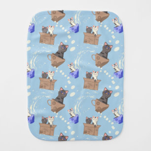 Cats in box and milk drops on blue baby burp cloth