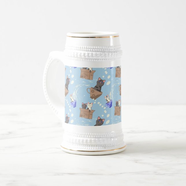 Cats in box and milk drops on blue beer stein (Front Left)