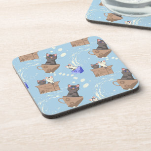 Cats in box and milk drops on blue beverage coaster
