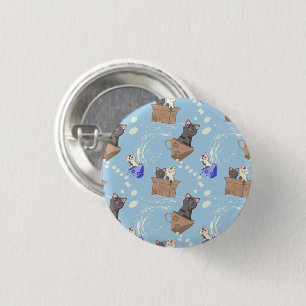 Cats in box and milk drops on blue button