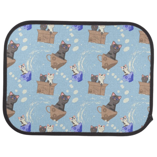 Cats in box and milk drops on blue car floor mat (Rear)