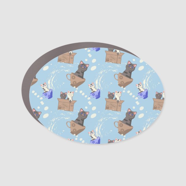 Cats in box and milk drops on blue car magnet (Front)