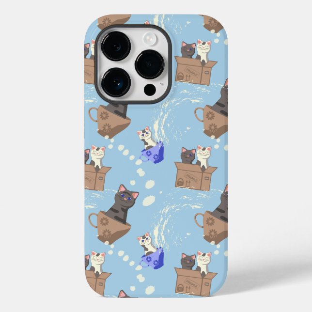 Cats in box and milk drops on blue Case-Mate iPhone case (Back)