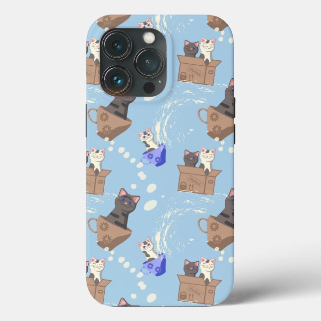 Cats in box and milk drops on blue Case-Mate iPhone case (Back)