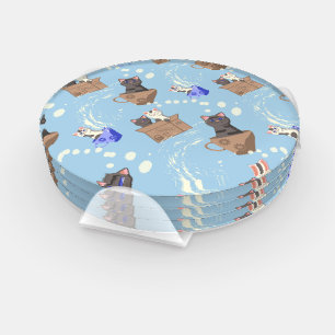 Cats in box and milk drops on blue coaster set