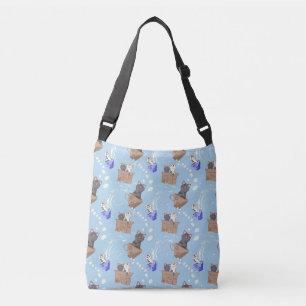 Cats in box and milk drops on blue crossbody bag