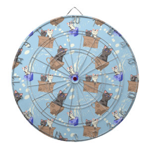 Cats in box and milk drops on blue dart board